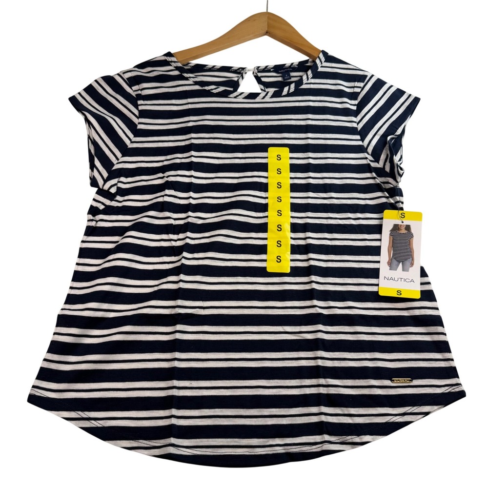 Nautica Womens Navy Blue White Striped Short Sleeve Keyhole Back Top Small NWT